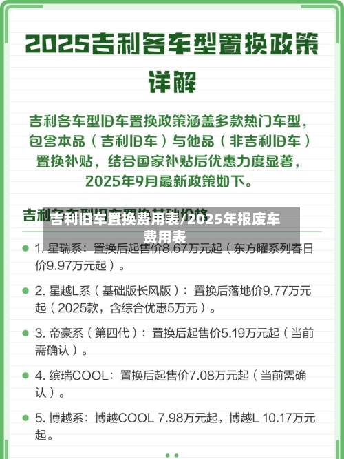 吉利旧车置换费用表/2025年报废车费用表